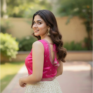 Women's Zimmi Choo Sequin Work V-Neck Padded Blouse (Pink 38 Ready (Self Alterable 36–40)