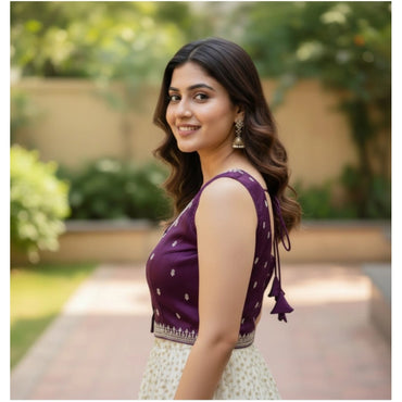 Women's Zimmi Choo Sequin Work V-Neck Padded Blouse (Purple 38 Ready (Self Alterable 36–40)