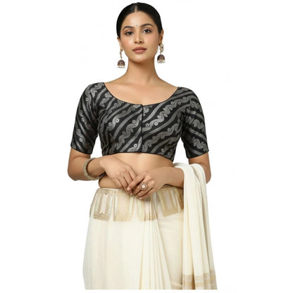 Women's Jacquard Zari Round Neck Padded Blouse (Black 38 Ready (Self Alterable 36–40)