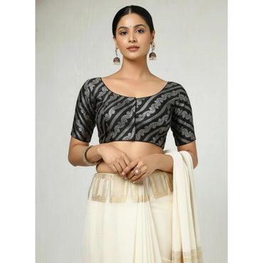 Women's Jacquard Zari Round Neck Padded Blouse (Black 38 Ready (Self Alterable 36–40)