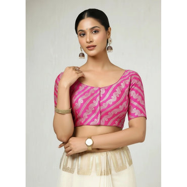 Women's Jacquard Zari Round Neck Padded Blouse (Pink 38 Ready (Self Alterable 36–40)