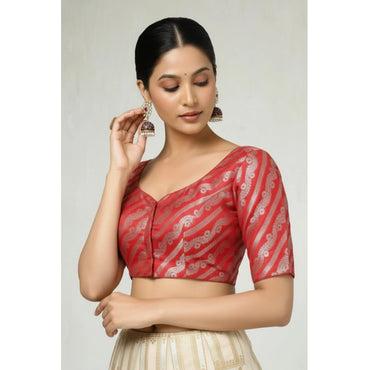 Women's Jacquard Zari Round Neck Padded Blouse (Red 38 Ready (Self Alterable 36–40)