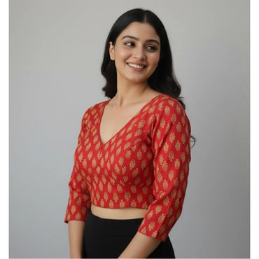 Women's Ajrakh Cotton Printed Halter Neck Padded Blouse (Red 38 Ready (Self Alterable 36–40)
