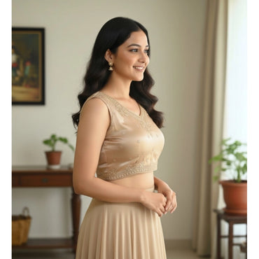 Women's Zimmi Choo Embroidered V-Neck Padded Blouse (Beige 38 Ready (Self Alterable 36–40)