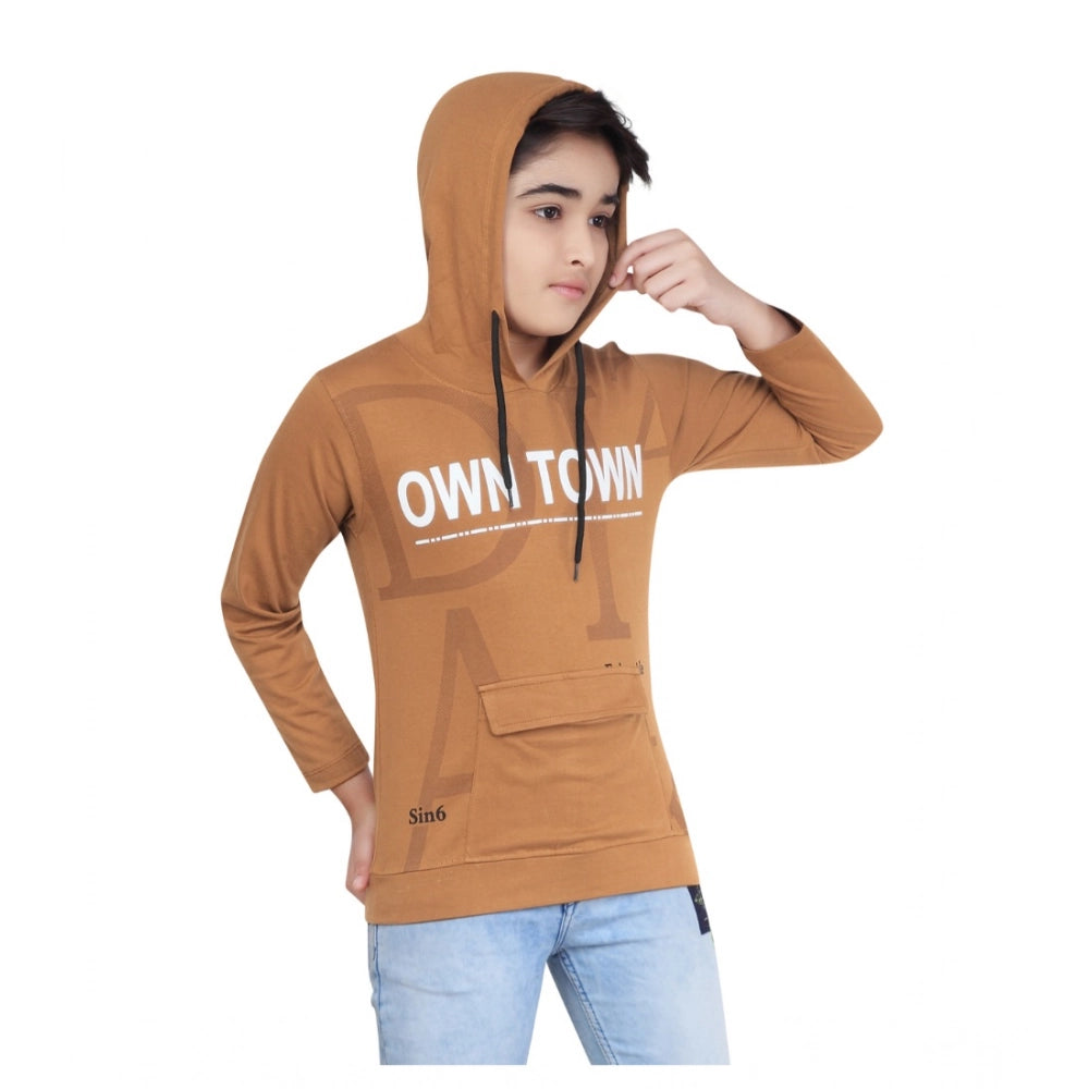 Boy's Cotton Printeded Hooded Neck Hoodies (Brown)