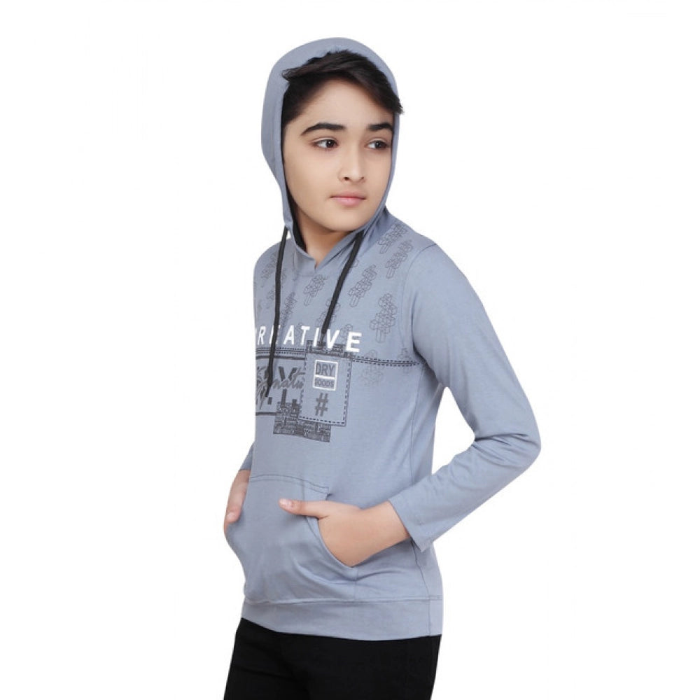 Boy's Cotton Printeded Hooded Neck Hoodies (Steel Blue)