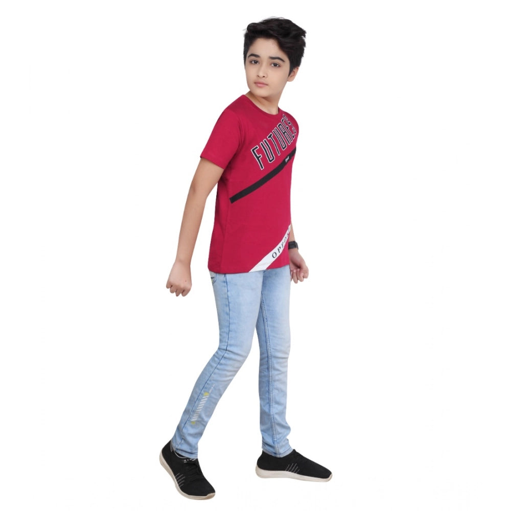 Boy's Cotton Grapic Printed Round Neck T-Shirt (Marron)