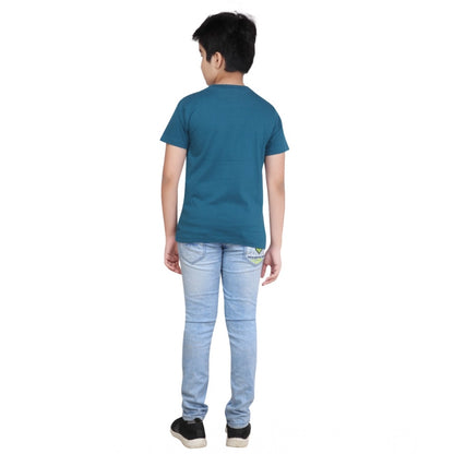 Boy's Cotton Grapic Printed Round Neck T-Shirt (Teal Green)