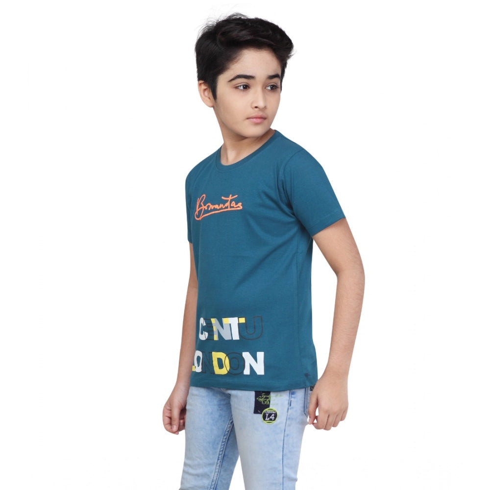 Boy's Cotton Grapic Printed Round Neck T-Shirt (Teal Green)