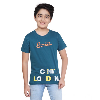 Boy's Cotton Grapic Printed Round Neck T-Shirt (Teal Green)