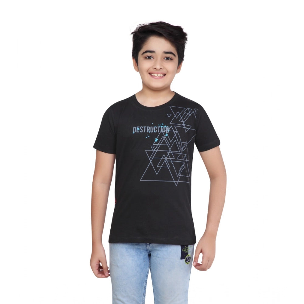 Boy's Cotton Grapic Printed Round Neck T-Shirt (Black)