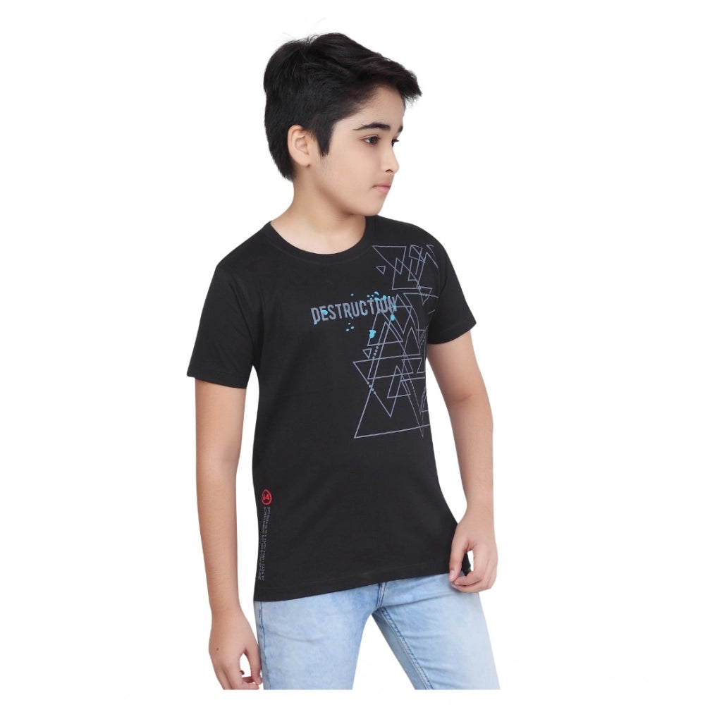 Boy's Cotton Grapic Printed Round Neck T-Shirt (Black)