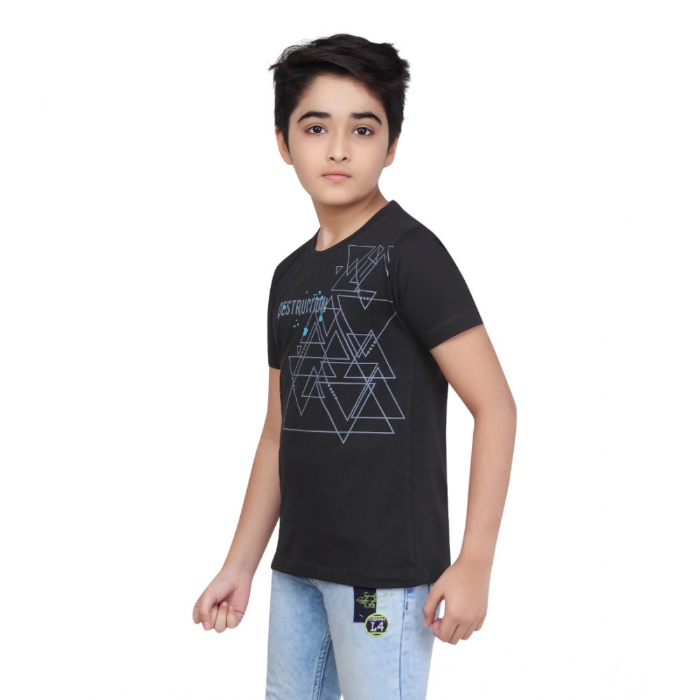 Boy's Cotton Grapic Printed Round Neck T-Shirt (Black)
