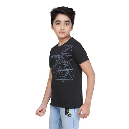 Boy's Cotton Grapic Printed Round Neck T-Shirt (Black)