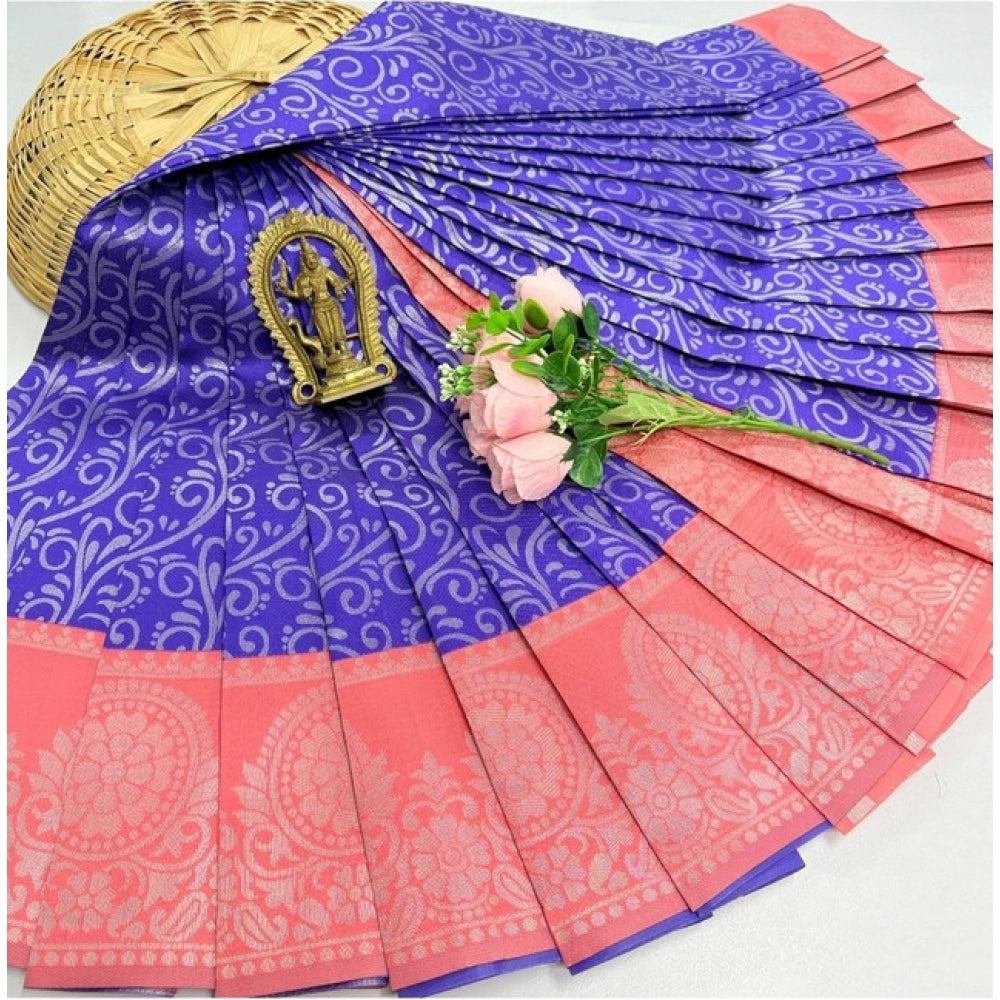 Women's Soft Silk Printed Saree With Unstitched Blouse 5.5Mtr (Indigo Blue)