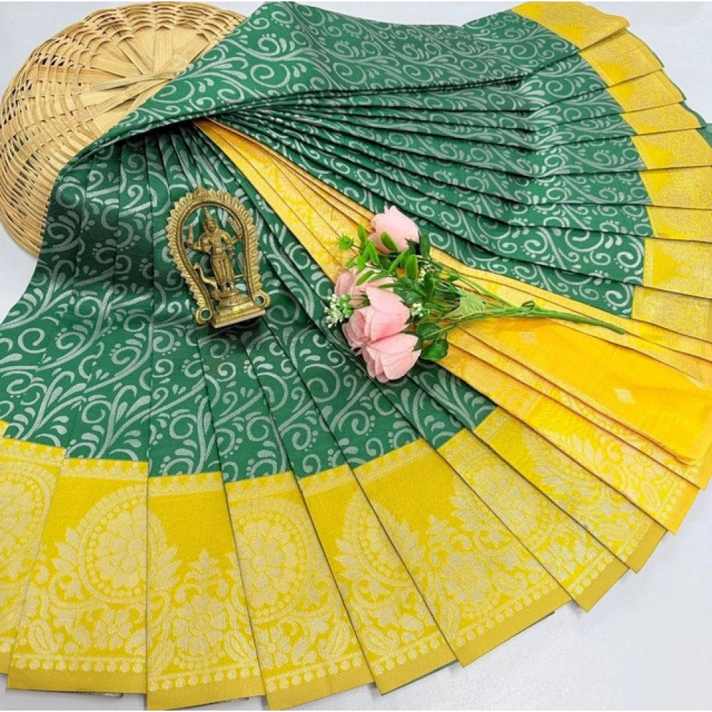 Women's Soft Silk Printed Saree With Unstitched Blouse 5.5Mtr (Olive Green)