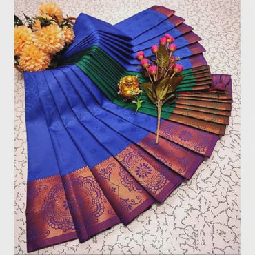 Women's Soft Silk Printed Saree With Unstitched Blouse 5.5Mtr (Royal Blue)