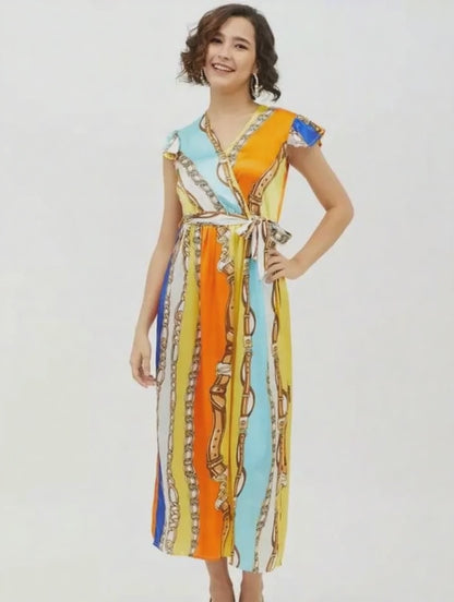 Women's Satin Chain Print Cap Sleeve Calf-length Dress (Multicolor)